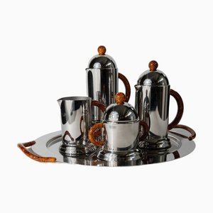 Vintage Coffee Service in Stainless Steel with Brown Details from Inoxpran, Italy, 1980s, Set of 5