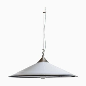 Große Vintage Deckenlampe aus Weißem Muranoglas mit Schwarzem Rand & Edelstahl, Italien, 1970er