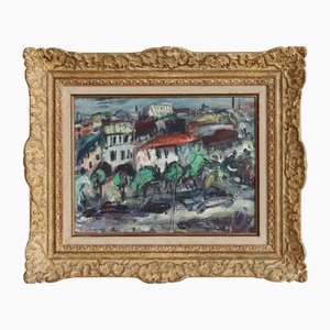 Guy Le Péqueux, Vista de la ciudad de los tejados rojos, años 60, óleo sobre lienzo