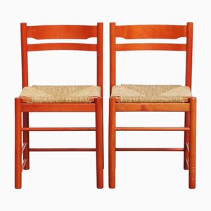 Vintage Red Wooden Chairs with Woven Wicker Seat, 1970s, Set of 2