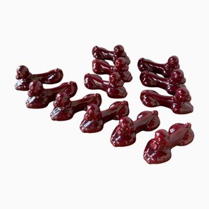 Rote Pudel Keramik Messerhalter, 1960er, 12 . Set