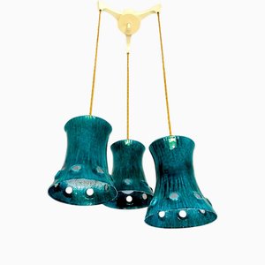 Mid-Century Green Cast Iron 3 Light Cascading Chandelier Hanging Lamp, 1960s