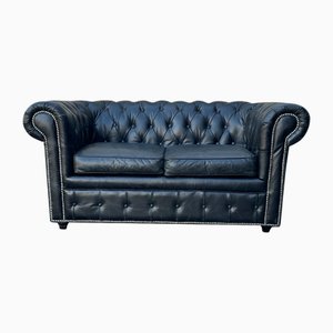 Canapé Chesterfield Vintage à Deux Places en Cuir Noir, 1980