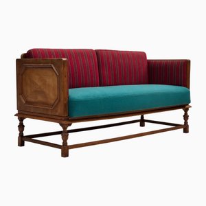 Danish 2-Seater Drop Arm Sofa in Striped Red Wool and Oak, 1950s