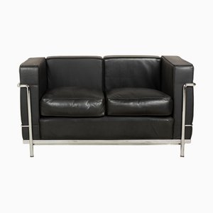 LC2 Leather Two-Seater Black Sofa by Le Corbusier for Cassina