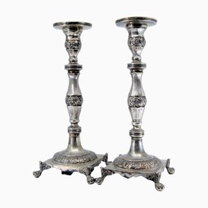 Silver Candlesticks with Turned and Engraved Shafts, Set of 2