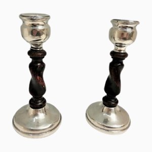 Silver Candlesticks with Spiral Wooden Shafts, Set of 2