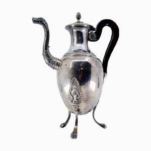 Silver Coffee Pot with Grooved Body and Lid and Chestnut Wood Handle