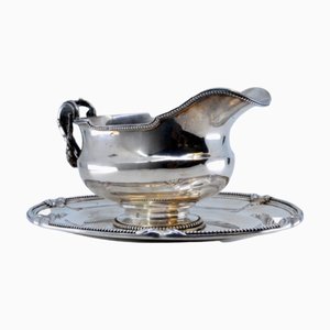 Silver Gravy Boat with Plate, Pearly Rim and Handle with Raised Applications