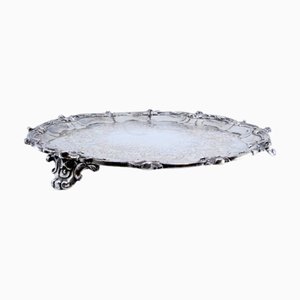 Round Silver Tray with Engraved Floral Motifs, Relief Friezes with Shells and Feet