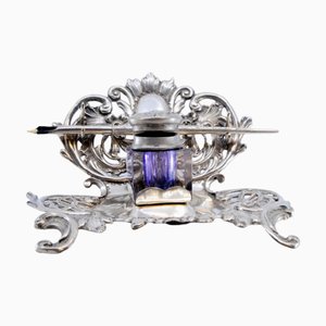 Cut-Out Silver Inkwell with Glass Tank, Monogram Plaque and Pen Holder