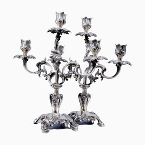 Chandeliers en Argent à 3 Branches avec Tulipes Bougies et Bases Découpes, Set de 2