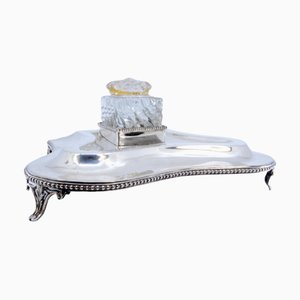 Silver Inkwell with Pearly Frieze Base and Glass Tank