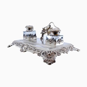 Silver and Glass Inkwell with Reliefs and Cartouches and Letter Holder