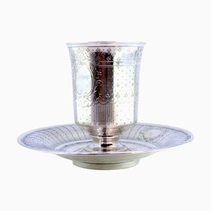 Silver Chalice and Plate with Pearly and Guilloche Engravings, Set of 2