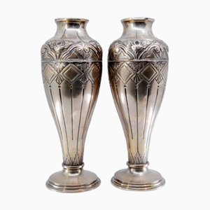 Silver Vases with Raised Floral Motifs, Shells and Circular Bases, Set of 2