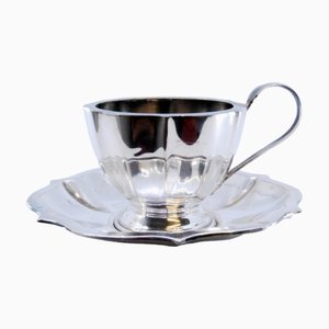 Cup and Saucer in Silver with Ribs and Curved Handle, Set of 2