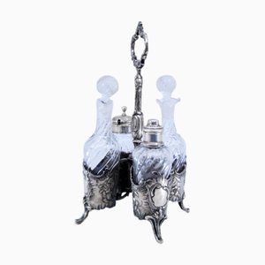 Silver and Acid-Etched Glass Cruets with Salt and Pepper Shakers, Set of 5