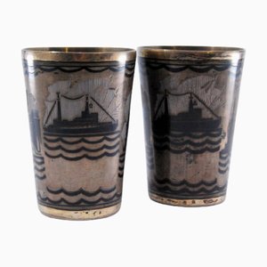 Russian Style Vodka Glasses in Nickel Silver with Engravings, Set of 2