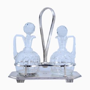 Modernist Style Menage Set aus Silber & geschliffenem Glas mit erhöhten Füßen, 3