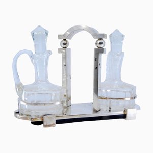 Modernist Silver-Framed and Cut Glass Cruet Set, Set of 3