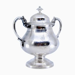 Guilloche Silver Sugar Bowl in with Engravings and Monogram Card, Lid and Handles with Mythological Motifs