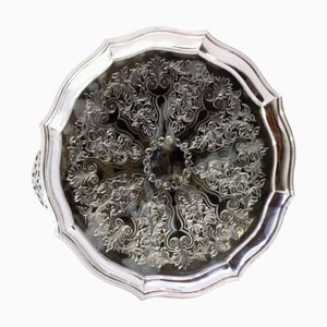 Octagonal Silver Tray with Engraved Plant Motifs and Cut-Out Feet