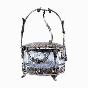 Silver Sugar Bowl with Bows, Masks, Hinged Lid and Cut Glass Interior with Spoon, Set of 2