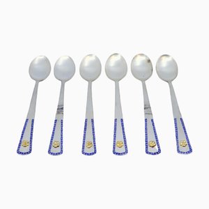 Silver Teaspoons with Golden Flowers Handles and Blue Paint, Set of 6