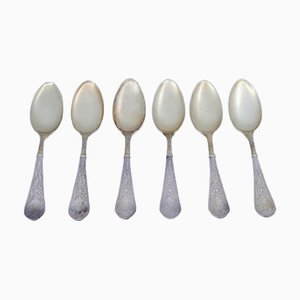 Silver Coffee Spoons with Golden Shells and Embossed Handles, Set of 6