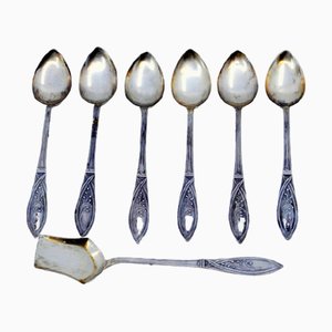 Silver Coffee Spoons and Sugar Shovel with Floral Handle Reliefs, Set of 6