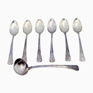 Teaspoons and Sugar Shovel in Silver with Handle Reliefs, Set of 6
