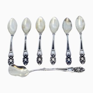 Silver Coffee Spoons and Sugar Shovel with Scalloped Handles, Set of 6