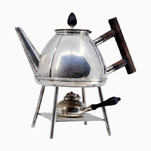 Gummed Silver Kettle with Wooden Lamp and Handles, Set of 3