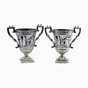 Salt and Pepper Shakers in Cut Silver with Religious Scene and Blue Glass Souls Interior, Set of 2