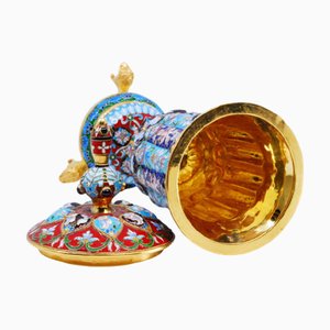 Russian Cloisonné Style Silver Enameled Urn with Gilded Lions Feet