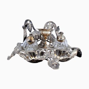 Silbernes Tintenfass mit zwei geschliffenen Glasbehältern