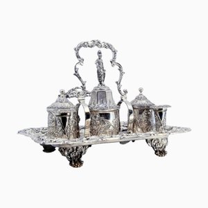 Inkwell in Chiseled Silver with Pen Holders and Tanks and Bell