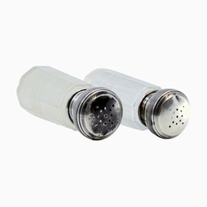 Salt and Pepper Shakers in Cut Glass with Silver-Plated Lids, Set of 2