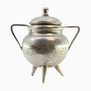 Tripod-Shaped Silver Sugar Bowl with Engravings and Lid with Spherical Knob
