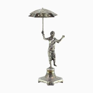 Silver Toothpick Holder with Female Figure Holding Umbrella