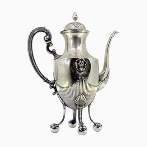 Silver Coffee Pot with Fluted Body and Lid, Handle, Lion Heads in Relief and Claw-Shaped Feet