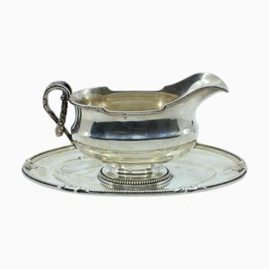 Silver Sauce Boat and Plate with Pearly Surround