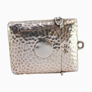 Hammered Silver Matchbox with Central Monogram Card and Hanging Ring
