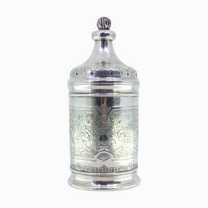 Silver Tea Box with Engraved Plant Motifs and Flower-Shaped Handle Lid