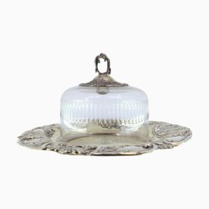Cheese Dish in Cut Silver and Cut Glass with Raised Fleur-de-Lis and Application Lid, Set of 2