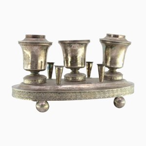 Silver Inkwell with Reservoirs, Pen Holders with Guilloche Friezes and Ball-Shaped Feet