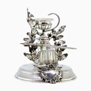 Silver Inkwell with Embossed Floral Motifs, Glass Container, Pharmacy Symbol, Guilloche Base and Pen Holder