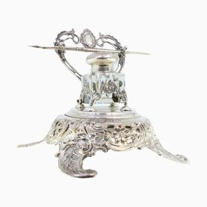 Cut Silver Inkwell with Glass Reservoir, Pen Holder and Raised Feet