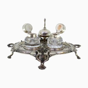 Silver and Glass Inkwell with Silver Lids, Bell Base, Cut-Out and Reliefs